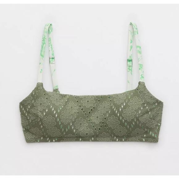 Aerie Eyelet Straight Scoop Bikini Top Olive Fun Swimsuit Beachy Swimming Sz M - Picture 1 of 5